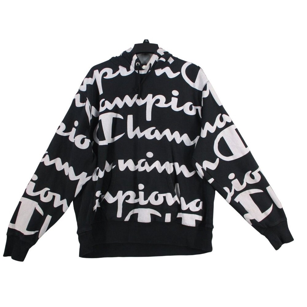 Vintage Champion Reverse Weave‎ Black & White Allover Logo Hoodie 2XL
